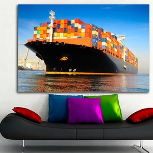 Loaded Container Ship Wall Decor Harbor Canvas Seascape Print Ship Adrift Art Nautical Artwork Cargo Ship Gift Machinery Art Ready to hang