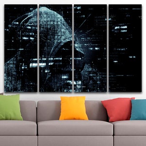 May include: A four-panel canvas print featuring a digital art image of a hooded figure in front of a black background with white and blue code.