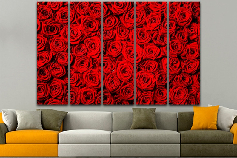 May include: A close-up of a wall art print featuring a vibrant red rose pattern. The print is divided into five panels, creating a multi-panel effect.