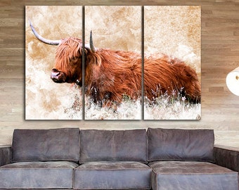 Highland koe print op canvas Vee muur kunst Dierlijk interieur Boerderij Kunstwerk Longhorn cadeau Idee Voor Cadeau Schotse Stier Klaar om op te hangen