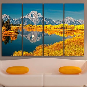 Grand Teton park print on canvas Ready to Hang National Park wall art Wyoming Mountain décor Autumn  Birch Grove gift Lake travel artwork