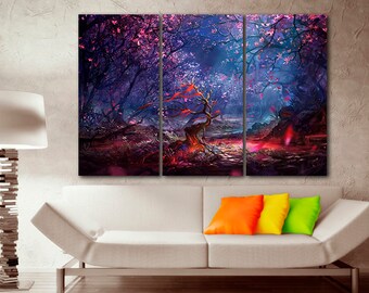 Stampe della foresta delle fate Tela dei fiori Arte murale fiabesca Decorazione onirica Opera d'arte rosa Set artistico degli alberi Foresta oscura Pronto da appendere Paesaggio fantasy