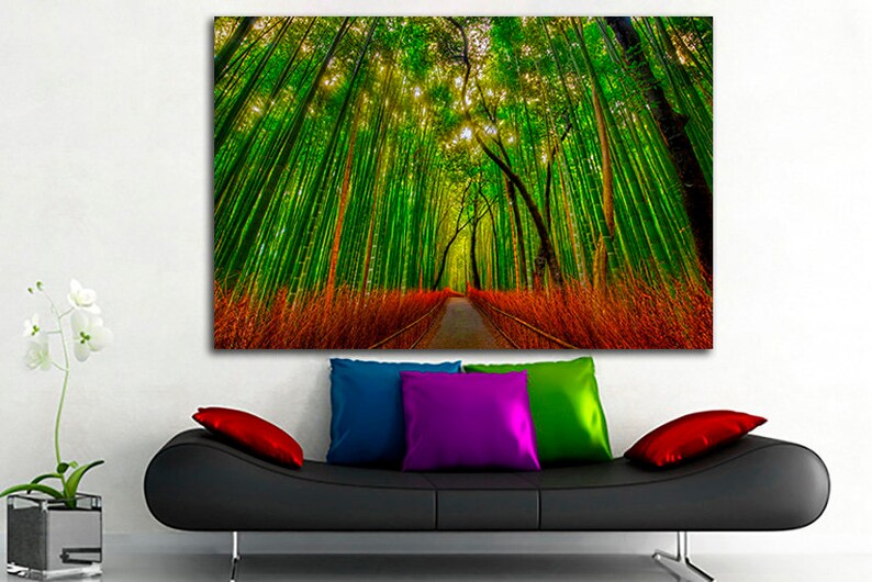 May include: A photograph of a path through a lush green bamboo forest. The tall bamboo stalks create a tunnel effect, with sunlight filtering through the leaves. The path is lined with red and brown foliage.