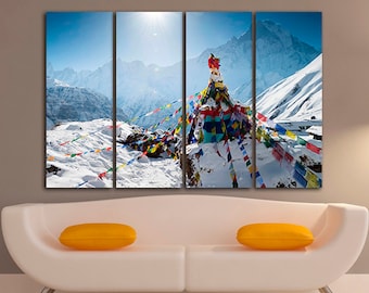 Mountain Everest canvas Chomolungma Print Ready to Hang Prayer flags Buddhism religion art Travel décor Sagarmatha art Mount Everest gift