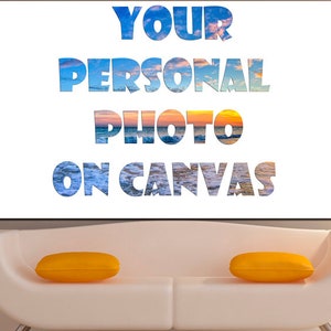 May include: A white canvas with the text "YOUR PERSONAL PHOTO ON CANVAS" in blue and white letters. The letters are filled with a sunset and ocean scene.