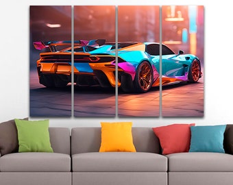 Lamborghini print Sports colorful car canvas Cyberpunk wall art Futuristic Playroom décor artwork Muscle car decor Kids room wall décor