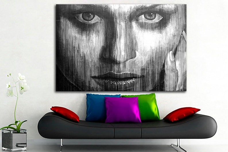 Portrait girl canvas Eyes women print Black white Face art Ready to hang Abstract room decor unique gift Wall office decor Home decoration image 1