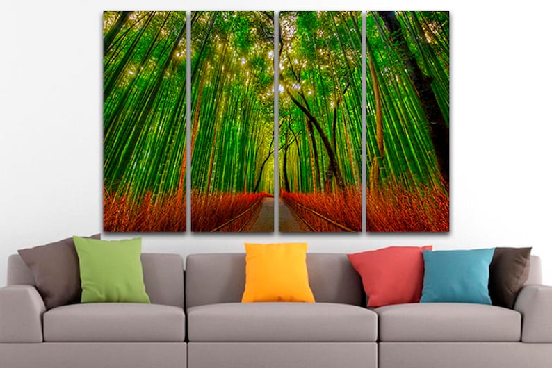 May include: A multi-panel canvas print featuring a path through a lush green bamboo forest. The path is lined with tall, slender bamboo stalks, and the sunlight filters through the leaves, creating a dappled effect.