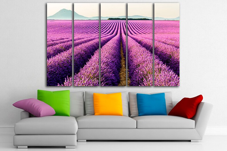 May include: A multi-panel canvas print featuring a field of purple lavender flowers in rows, with a distant mountain range in the background.