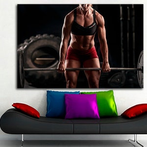 Fitness woman Gym canvas Sport wall print Strong hand art Workout art Fitness decor Home gym gift Barbell print Dumbbell artwork Gym decor