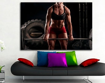 Fitness woman Gym canvas Sport wall print Strong hand art Workout art Fitness decor Home gym gift Barbell print Dumbbell artwork Gym decor