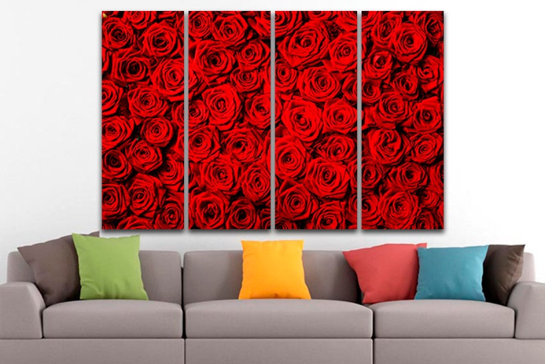 May include: A multi-panel canvas print featuring a close-up of a wall of red roses.