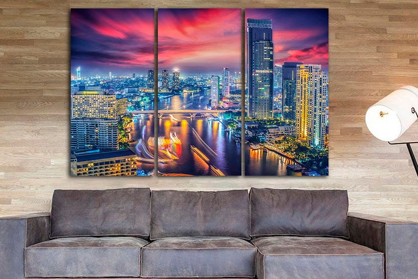 3 Panel Set Bangkok Canvas Bangkok Wall Art Thailand Art River Etsy