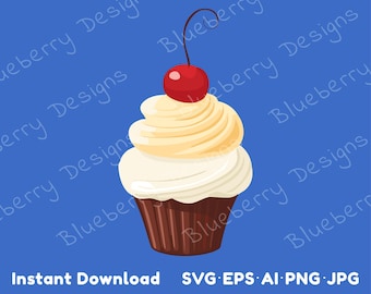 Cupcake com cereja no topo, cupcake clipart, cupcake de cereja svg, doces svg para download instantâneo, cupcake svg, uso comercial svg eps png jpg