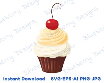 Cupcake com cereja no topo, cupcake clipart, cupcake de cereja svg, doces svg para download instantâneo, cupcake svg, uso comercial svg eps png jpg