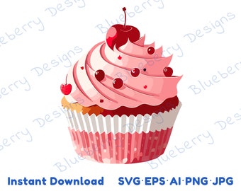 Cupcake clipart, festa de aniversário clipart, cupcake de cereja svg, doces clipart, cupcake svg, impressão de cupcake, uso comercial svg eps ai png jpg