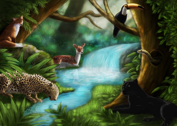 Forest With Animals Jungle And Forest Digital Drawing And Etsy Forest With Animals Jungle And Forest Digital Drawing And Etsy