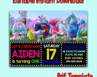 Trolls Invitation, Trolls Instant Download, Trolls Birthday, Trolls Card, Trolls Printable, Trolls Editable Invitation, Trolls Editable PDF