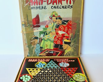 Vintage Very Old 20s 30s Baldwin Manufacturing Man-Dar-In Chinese Checkers Game Board with Original Cardboard Box and Wonderful Old Marbles