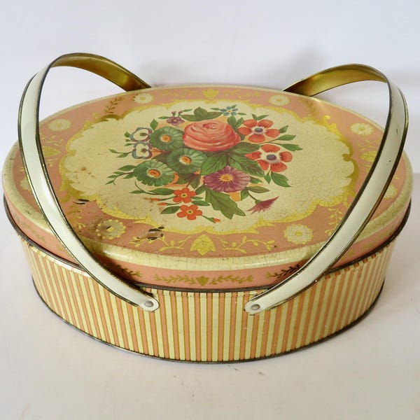 1950s Rose Floral Litho Metal Tin Oval Sewing Basket Pail with Handles - Farmhouse Cottage
