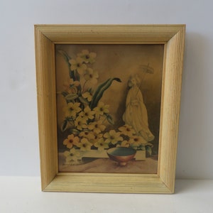 Vintage 40s 50s Wood Framed Asian Lady With Parasol Floral Lithograph Litho Print by Bernard - Barkcloth Era Mid Century Art - Under Glass