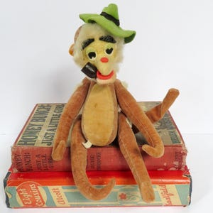 Vintage 1960s Velveteen Jointed Hobo Monkey Stuffed Animal - Made in Japan - Pipe & Hat