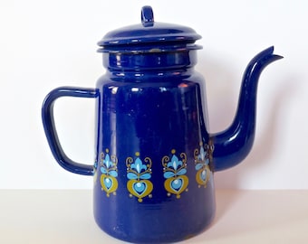 Vintage Antique Cobalt Blue Enamel Ware Long Spout Coffee Pot - Hearts & Flowers Design - French Country Cottage Farmhouse Kitchen Flora