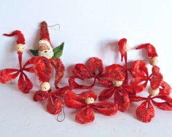 Vintage 50s 60s Mid Century Lot of 9 Kooky Chenille Pipe Cleaner Christmas Tree Ornaments Wooden Bead Heads Santa Claus Wire Posable MCM