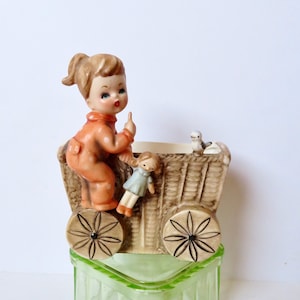 Vintage 50s 60s 1962 Inarco Japan Ceramic Pottery Planter - Toddler Baby Girl in Pajamas Figurine w Doll & Bluebird Wicker Cart Mid Century