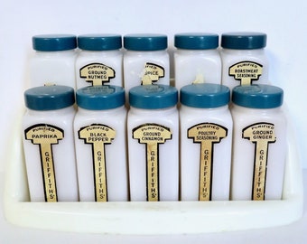 Vintage 1930s 1940s 40s 30s Griffith&#39;s White Milk Glass Spice Jars Set of 10 w Blue Lids & Bakelite Plastic Tiered Spice Rack Stand - Retro