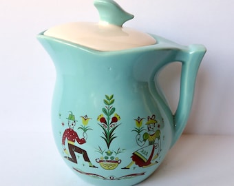 Vintage 40s 50s McCoy Art Pottery Very Large Ceramic Pitcher Cookie Jar w Lid Folkloric Hearts and Flowers - German Dutch Dirndl Man Woman