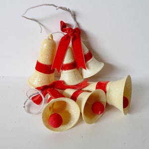 Vintage 50s 1950s Lot of 6 Ivory Plastic Glittered Bells Christmas Tree Ornaments - Red Velvet Ribbon - Chenille Pie Cleaner Ties - Kitschy