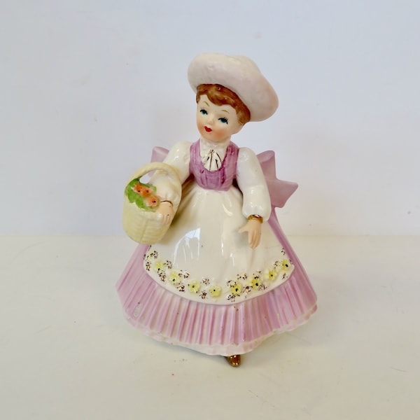 Vintage 50s 60s 6" Made in Japan Ceramic Lady Girl Planter Vase - Lavender Victorian Dress & Hat  - Flower Basket - D3078 - Big Bow Apron