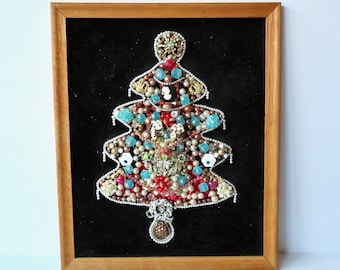 Vintage 50s 60s Costume Jewelry Folk Art Christmas Tree Picture Framed Art Rhinestone Jeweled Brooch Earring Collage Decoration Ornament