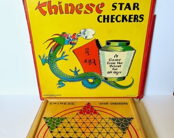 Vintage Very Old 30s 1938 Milton Bradley Wood Wooden Frame Marble Chinese Checkers Game Board with Original Cardboard Box Dragon Lantern
