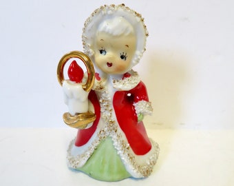 Vintage des années 50, des années 50, porcelaine en céramique Geo Z Lefton Christmas Girl Angel Bell Figurine - Bougie - Cape victorienne rouge - Garniture en spaghetti