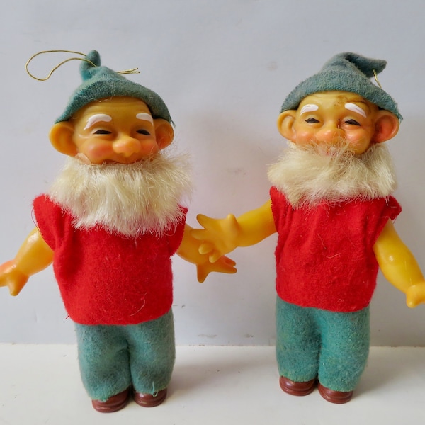 Vintage 60s Set Pair of 2 Plastic Pixie Elf Gnome Dwarf Dolls Santa Christmas Tree Ornaments Figurines Made in Japan Decorations Kitschy Mod