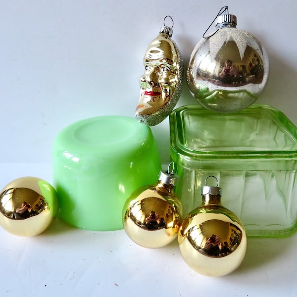 Vintage 50s 60s Shiny Brite and European Set of 5 Christmas Tree Mercury Glass Ornaments -Gold and Silver - Glitter Crescent Moon MCM