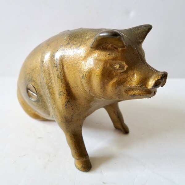 Vintage Antique Cast Iron Sitting Pig Bank Coin Piggy Bank - Bronze Gold Color - Figural Animal Farmhouse Cottage Decoration Decor - Sow