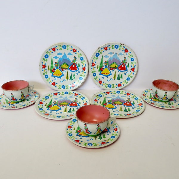 Vintage 1950s 50s Ohio Art Tin Swiss Miss Alpine Girl Metal Childs 10 pc Tea Dish Set Pieces German Hearts Flowers Design Saucer Plates Cups