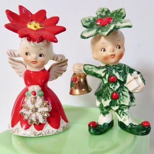 1956 Napco Merry Christmas Sweethearts Holly Suit Boy Pixie Figurine & Poinsettia Angel Girl Bell