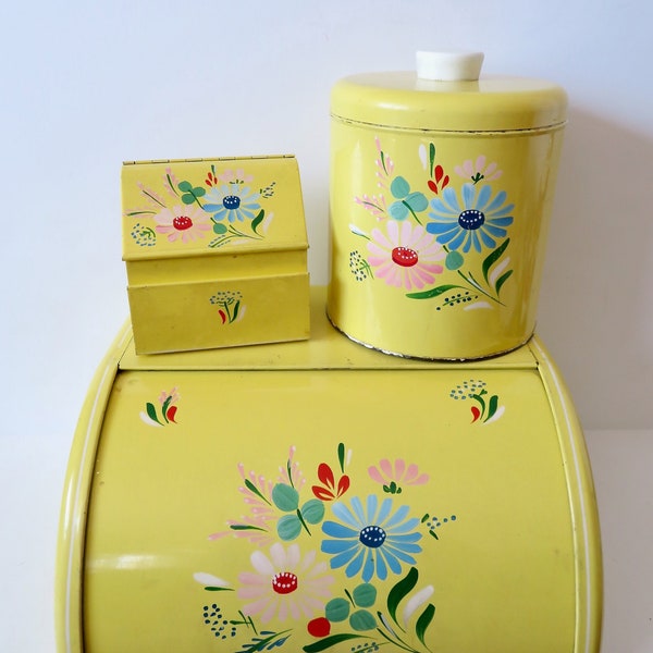 Set da cucina vintage anni '50 Ransburg Yellow Daisy 3 pezzi - Contenitore per pane in metallo di latta e portaricette - Design dipinto a mano - Cottage di fattoria