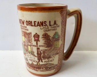 Vintage 70s 80s New Orleans Louisiana Souvenir Coffee Mug - Speckled Ceramic Stoneware -  Retro Mod Kitchen Decor - French Quarter Bourbon