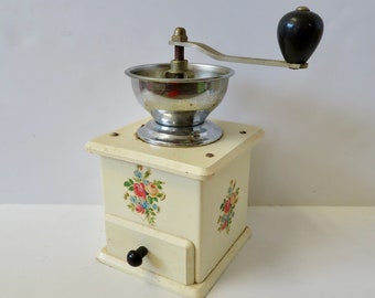 Vintage Painted Wood w Floral Decal & Metal Crank Manual Coffee Grinder - Made in Western West Germany -  Farmhouse Cottage Kitchen Decor