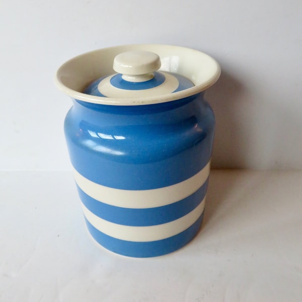 vintage des années 1960 des années 60 TG T G vert Angleterre Judith oignons bleu blanc Cornishware céramique poterie farine pot de stockage bidon Cornish Ware britannique