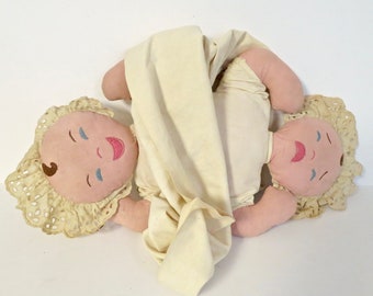 Vintage 50s 60s Handmade Cloth Topsy Turvy Baby Doll - Happy And Sad, Smiling and Crying - Retro Cotton Cloth Rag Doll Toy - Hand Sewn Girl