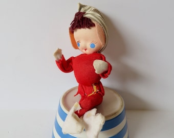 Vintage 50s 60s Made in Japan 7 1/2" Stockinette Head Pixie Elf Christmas Tree Ornament - Posable Big Ear Knee Hugger Decoration MCM Kitschy