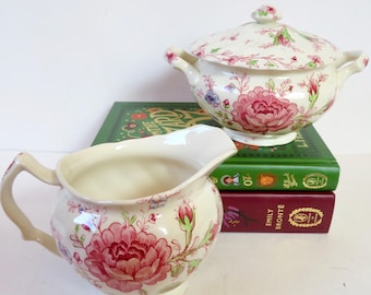 Johnson Brother Rose Chintz Transferware Creamer and Lidded Sugar Bowl Set