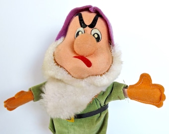 Vintage 60s 1960s 7&quot; Walt Disney Productions Snow White Grumpy Dwarf Soft Doll Velveteen Felt Posable Arms Made in Japan Plushie Sock Face