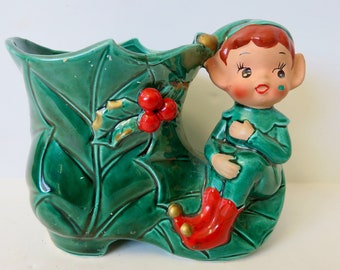 Vintage 50s 60s Inarco Japan Rare Ceramic Elf Pixie Gnome Sprite Planter w Holly Boot Vase Figurine Christmas Decor E-2512 E2512 Decoration